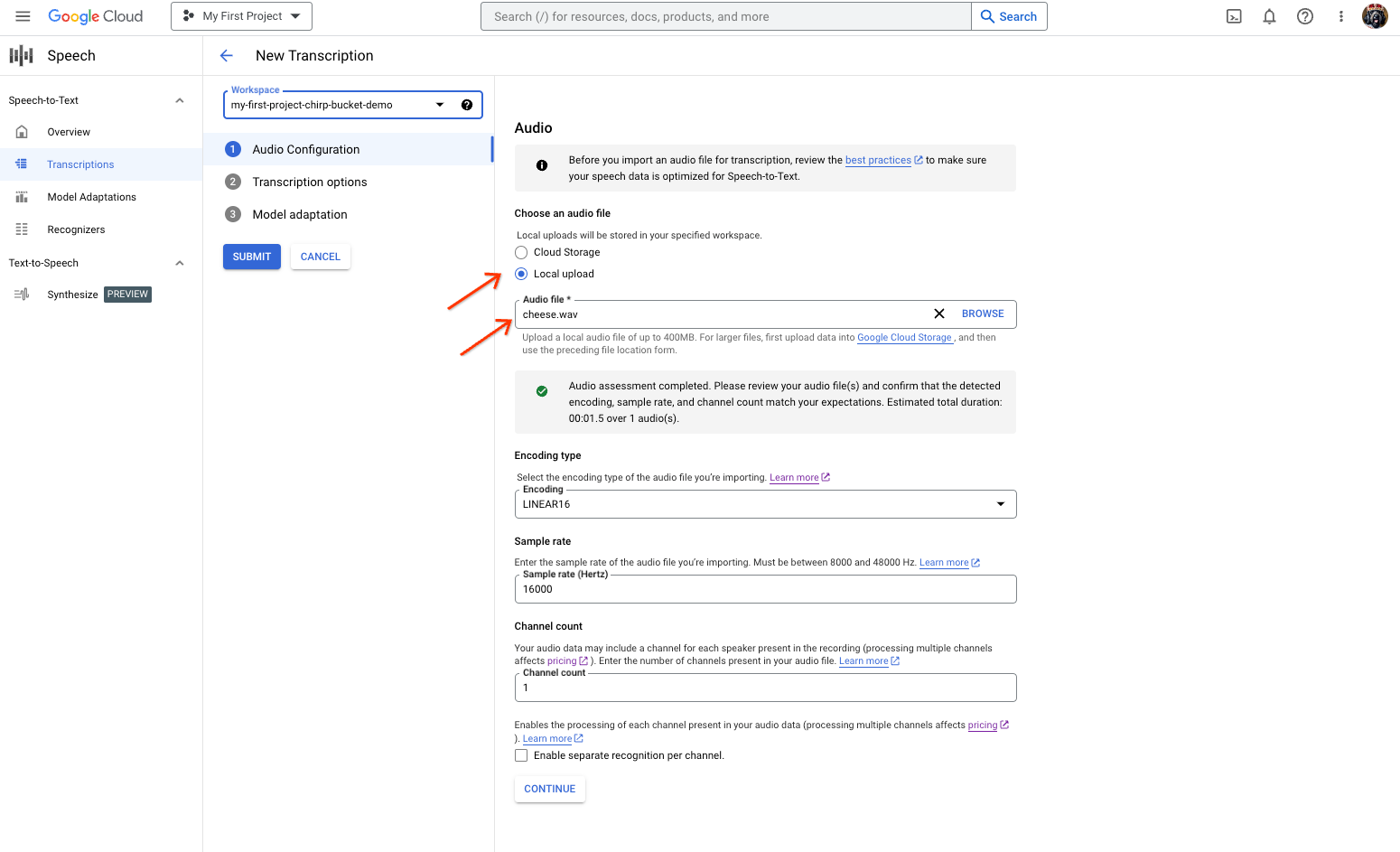 Página de creación de transcripciones de voz a texto, con opciones para seleccionar o subir archivos.