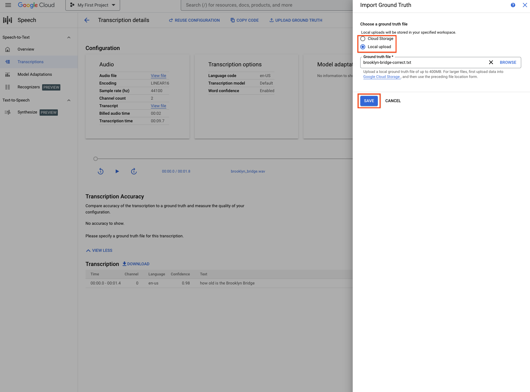 Cloud Speech-to-Text transcription creation page, showing options to select or upload a ground truth file.
