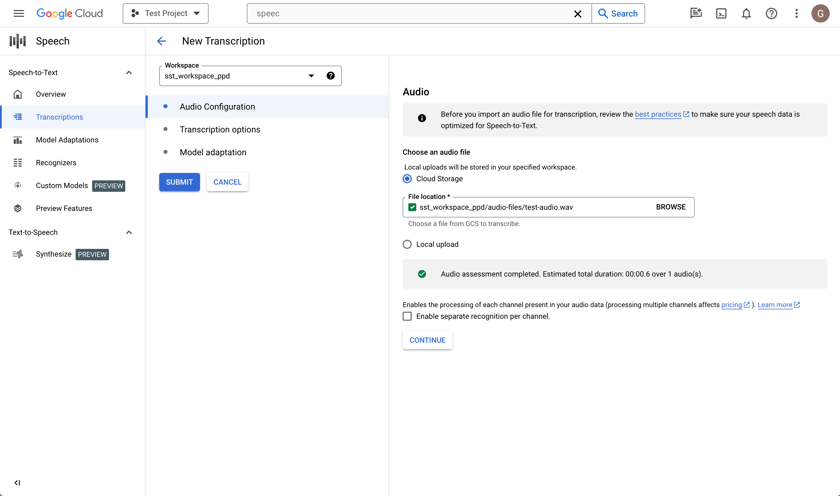 The Speech-to-text Create Transcription page.