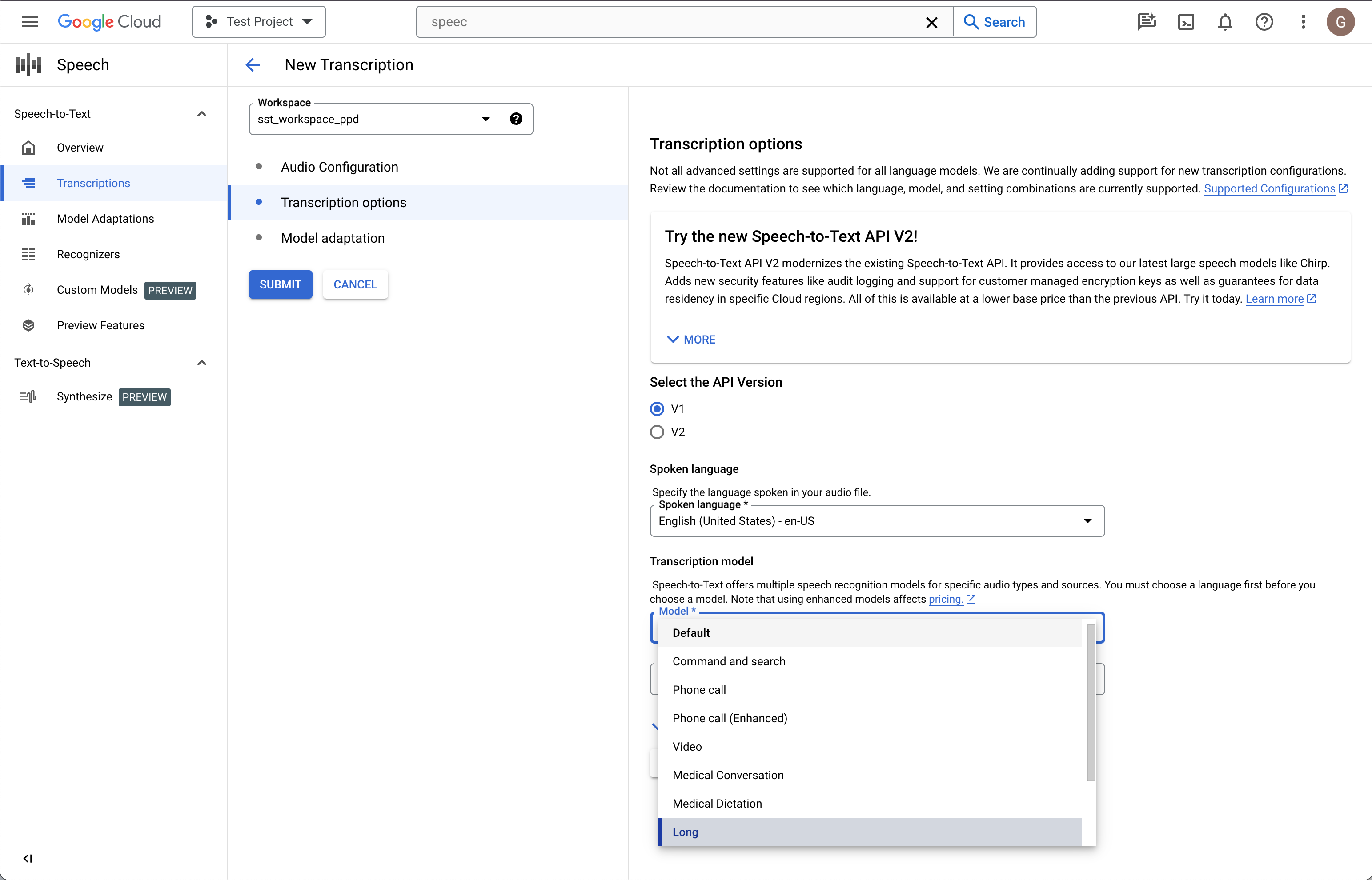 The Speech-to-text Create Transcription page.