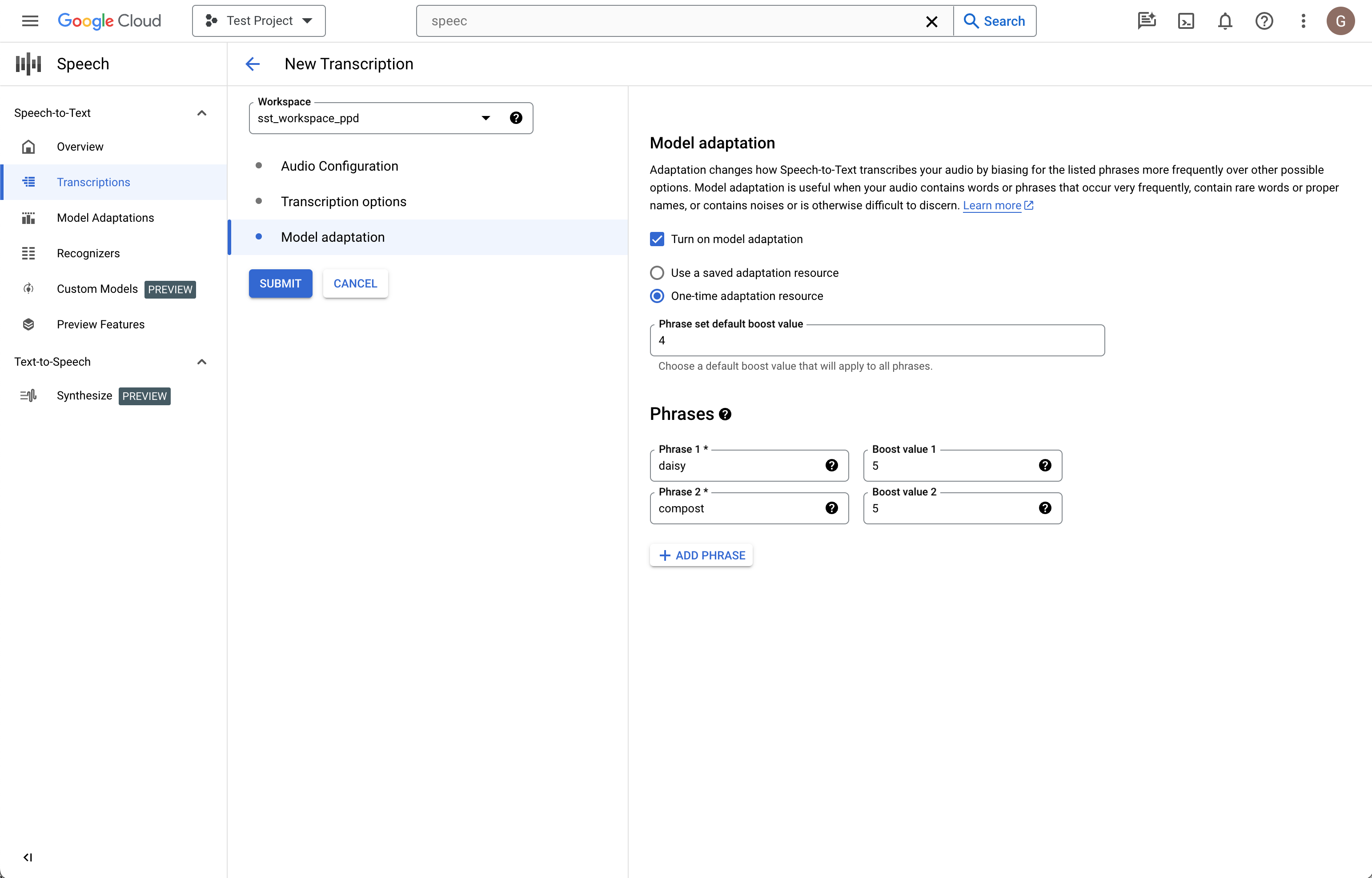 The Speech-to-text Create Transcription page.