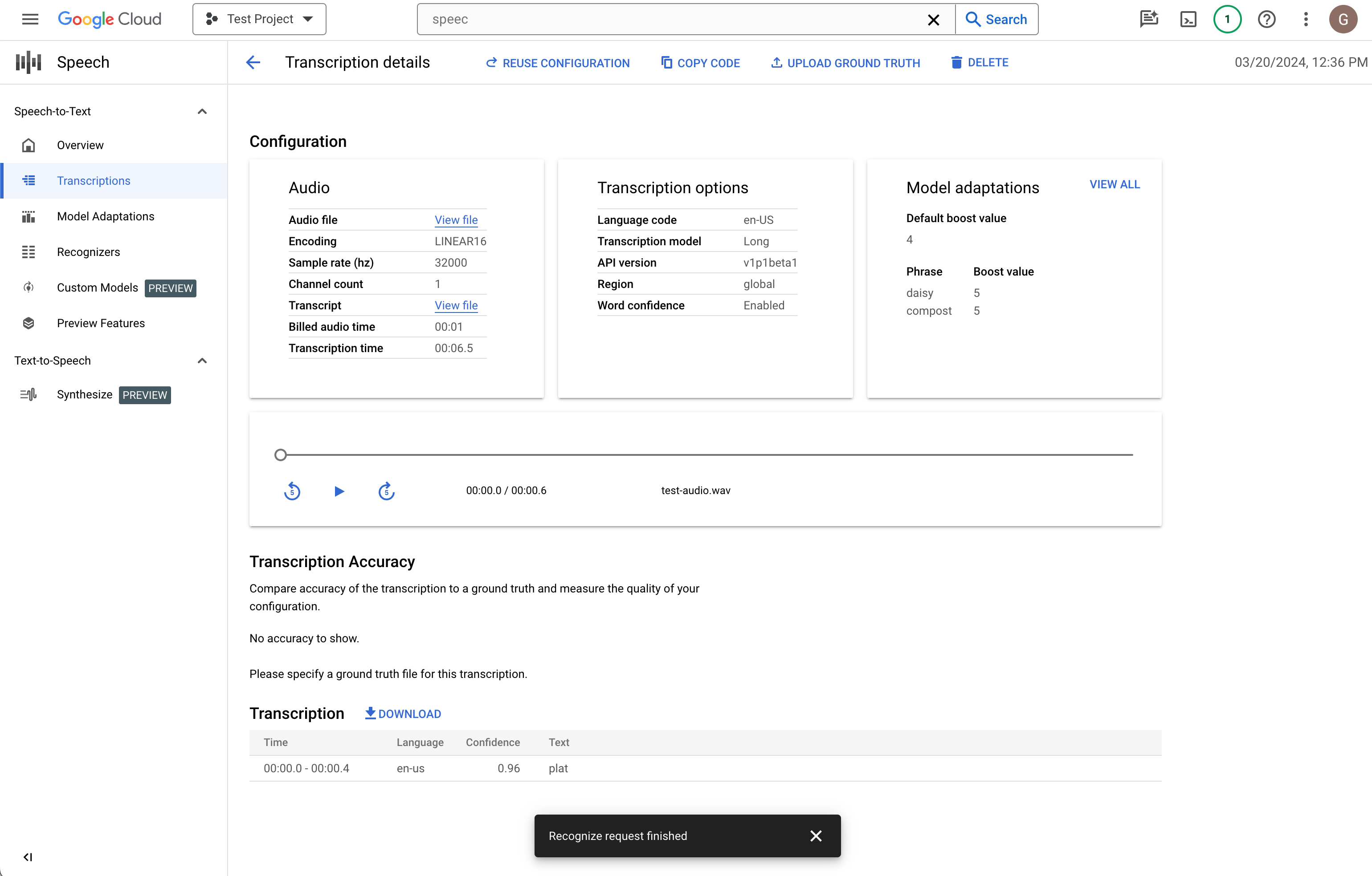 Page displaying the completed speech-to-text transcription details.