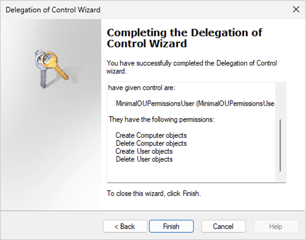 Ringkasan izin Wizard Delegasi Kontrol yang mencantumkan Buat objek Komputer, Hapus objek Komputer, Buat objek Pengguna, dan Hapus objek Pengguna.