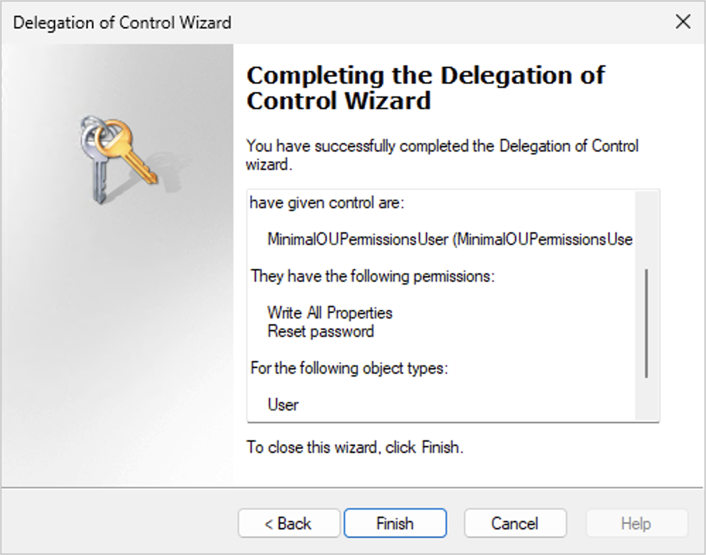 Zusammenfassung der Berechtigungen für den Assistenten zur Delegierung der Kontrolle, in der „Alle Properties schreiben“ und „Passwort für Nutzerobjekte zurücksetzen“ aufgeführt sind.