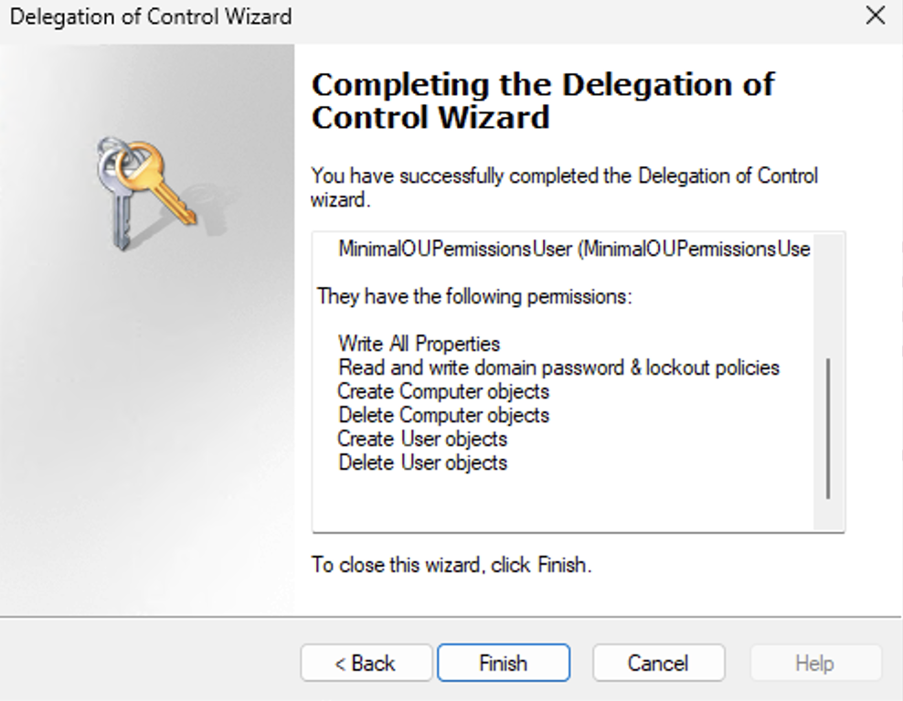 Active Directory Delegation of Control Wizard permissions summary