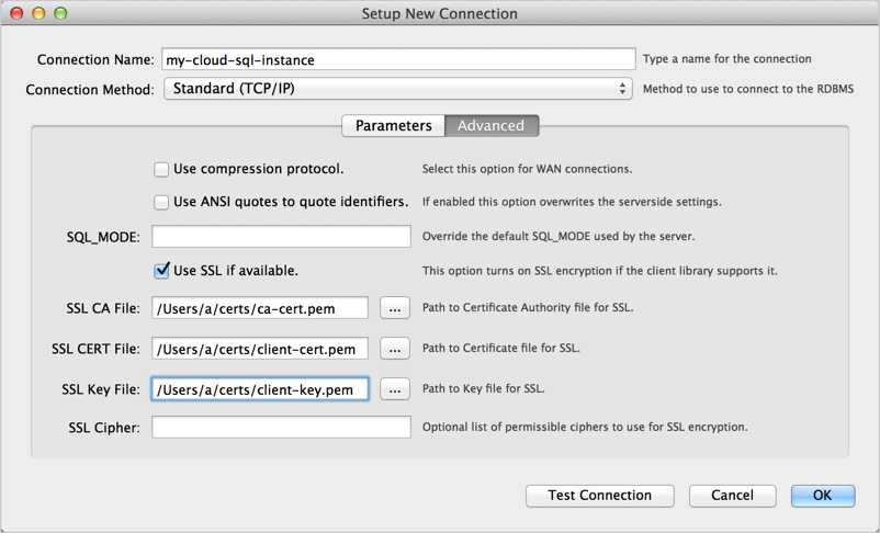 Configurar nueva conexión, avanzada en MySQL Workbench.