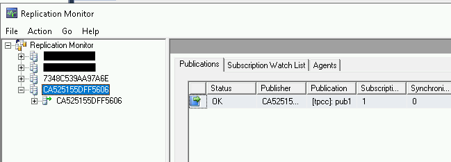 מעכשיו, שורה מוצגת בכרטיסייה Publications (פרסומים) ב-Replication Monitor