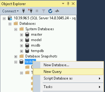 Para testdb, selecione "Nova consulta"