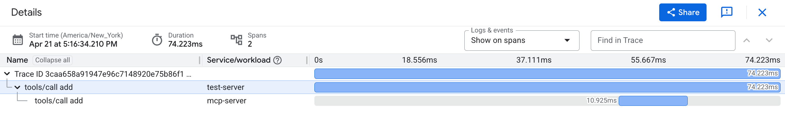详细信息窗格，显示了跟踪记录及其关联的 span。