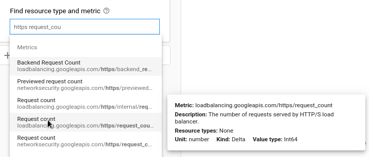 Metrik penyeimbangan beban di Metrics Explorer dengan kartu profil yang menampilkan jenis metrik.