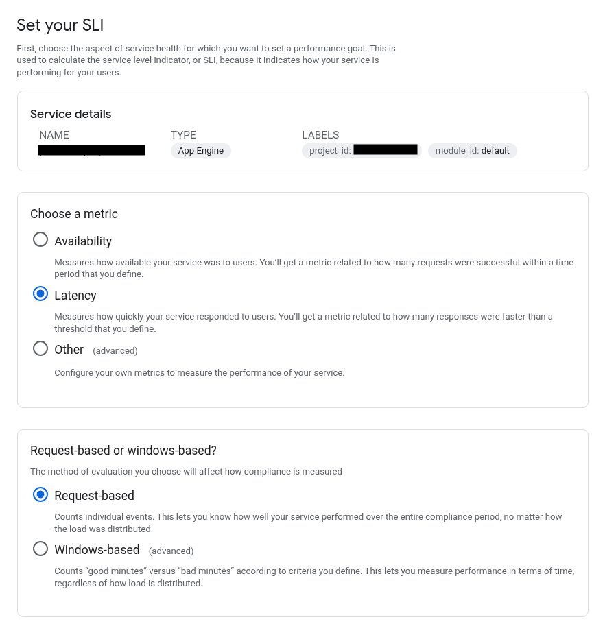 Use the **Set your SLI** pane to choose a performance metric