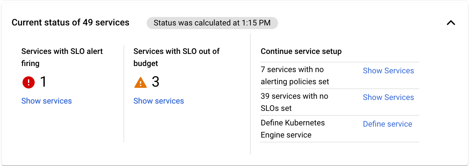 La tarjeta de resumen **Resumen de servicios** proporciona información básica sobre el estado.
