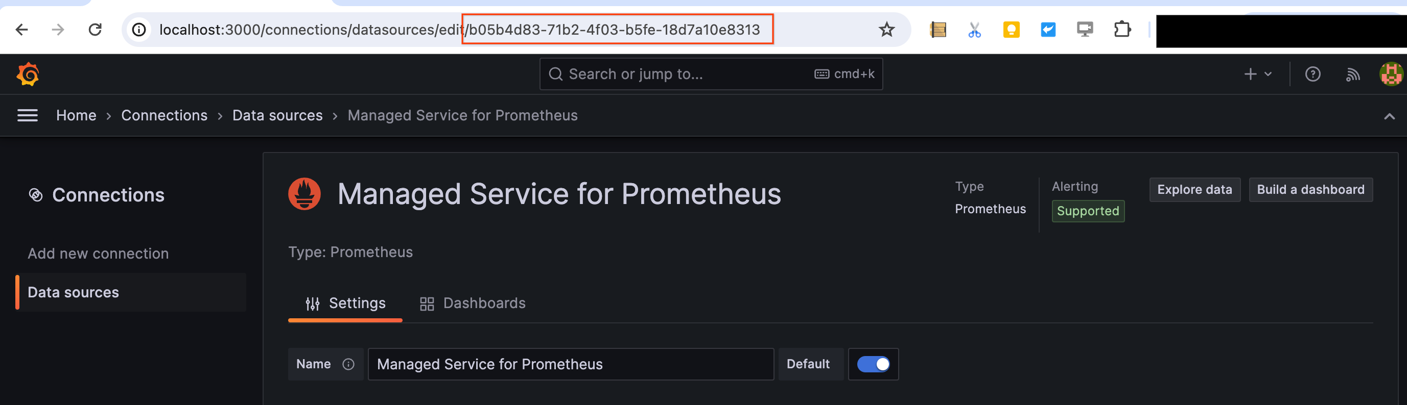 Localizar un UID de fuente de datos en Grafana.
