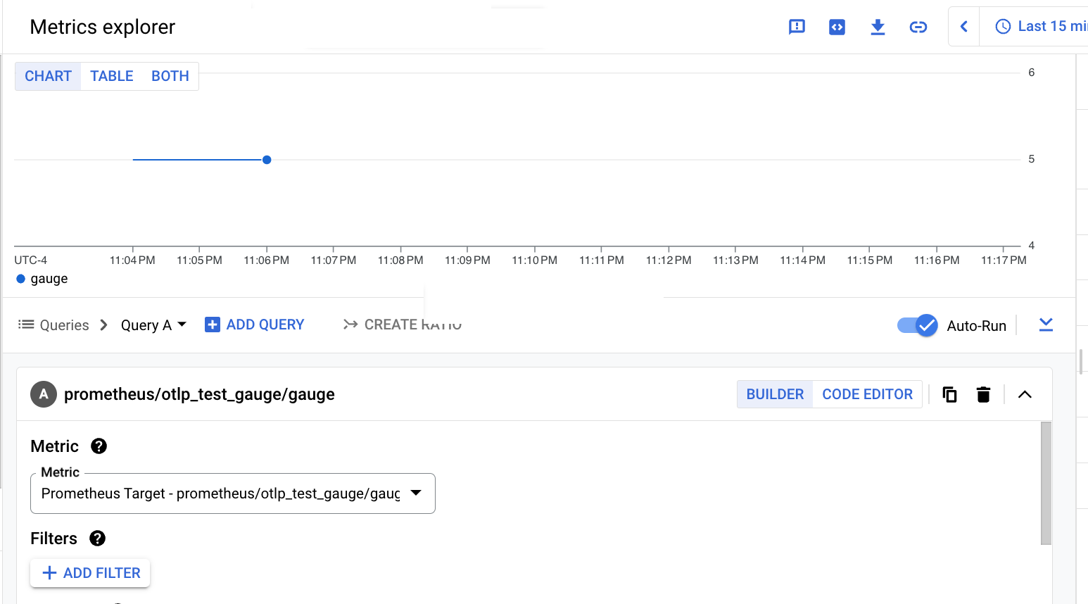 תרשים ב-Metrics Explorer שמבוסס על Builder ומציג את מדד המדד OTLP שנבלע באמצעות Prometheus API.