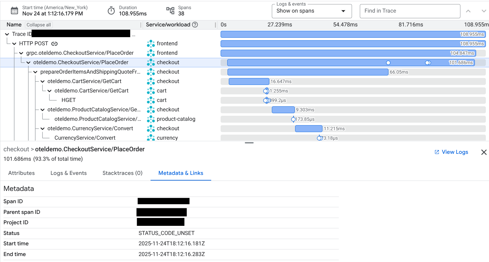 Ejemplo del menú desplegable de la traza.