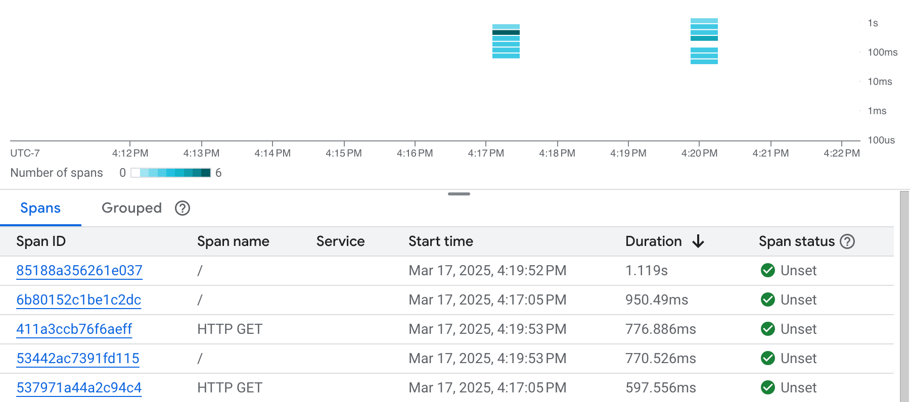 Trace explorer window for the quickstart.