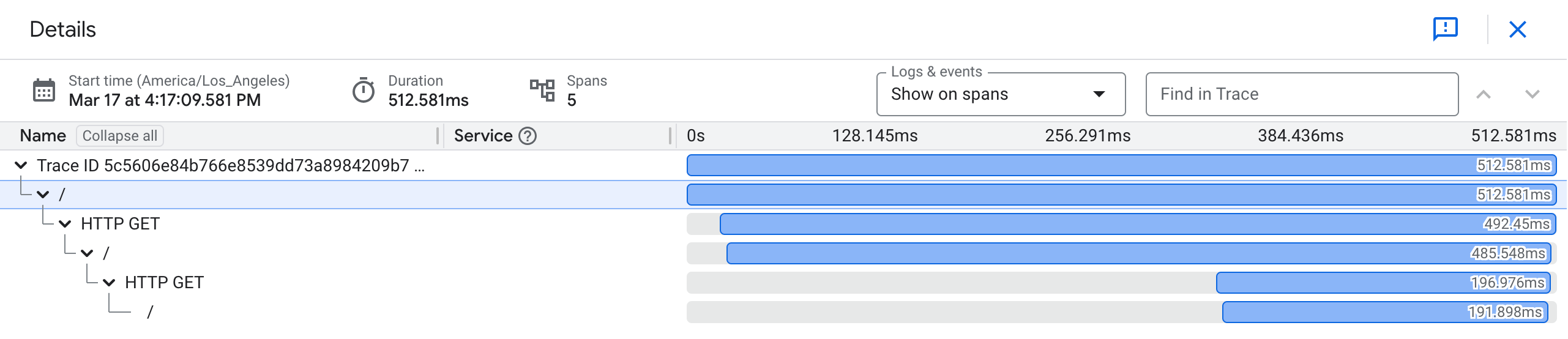 各スパンのその他の詳細が詳細ペインに表示されます。