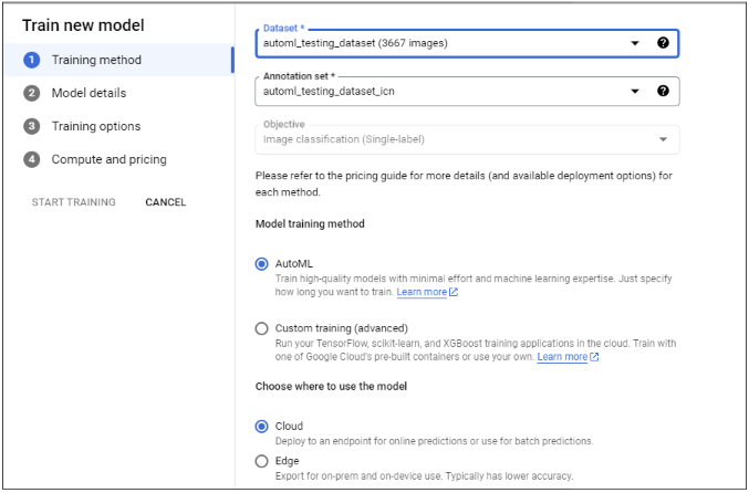 Passaggio 1 della finestra Addestra nuovo modello