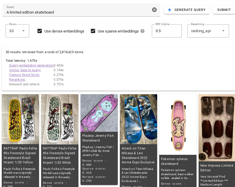Risultati delle query utilizzando la demo interattiva live della ricerca vettoriale