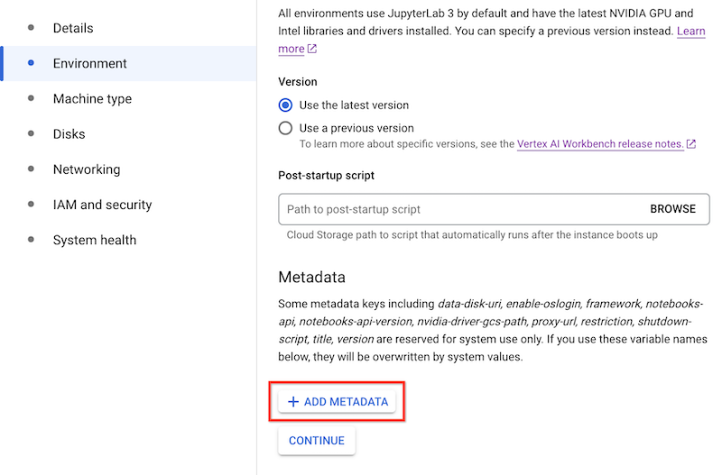 O botão "Adicionar metadados" na seção "Ambiente"