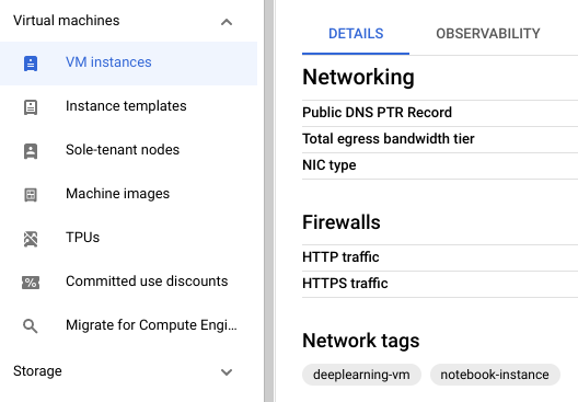 A seção
  &quot;Máquinas virtuais&quot; do menu de navegação do console, com instâncias de VM
  selecionadas, mostrando as tags de rede atribuídas no momento.