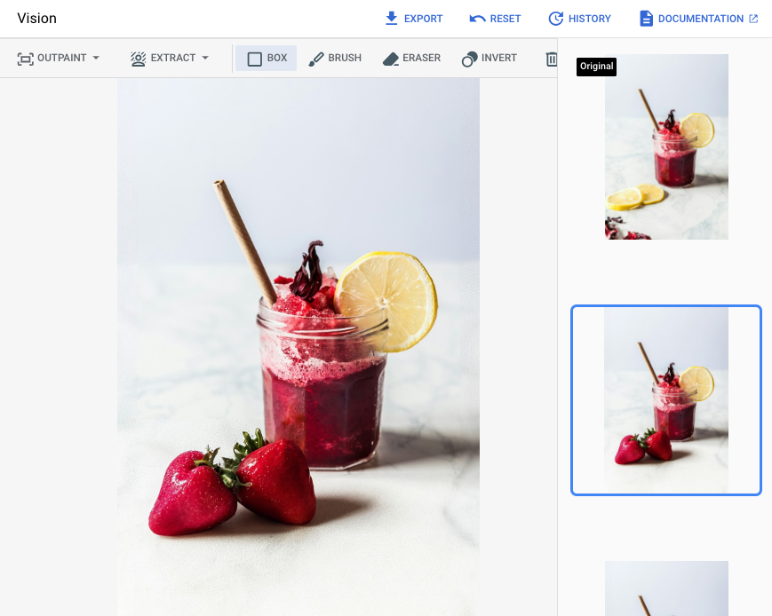A screenshot from a generated edit of a glass jar containing a
           red liquid. In this screenshot, the lemon slices previously in the
           image foreground are replaced by two strawberries directly in front
           of the jar.