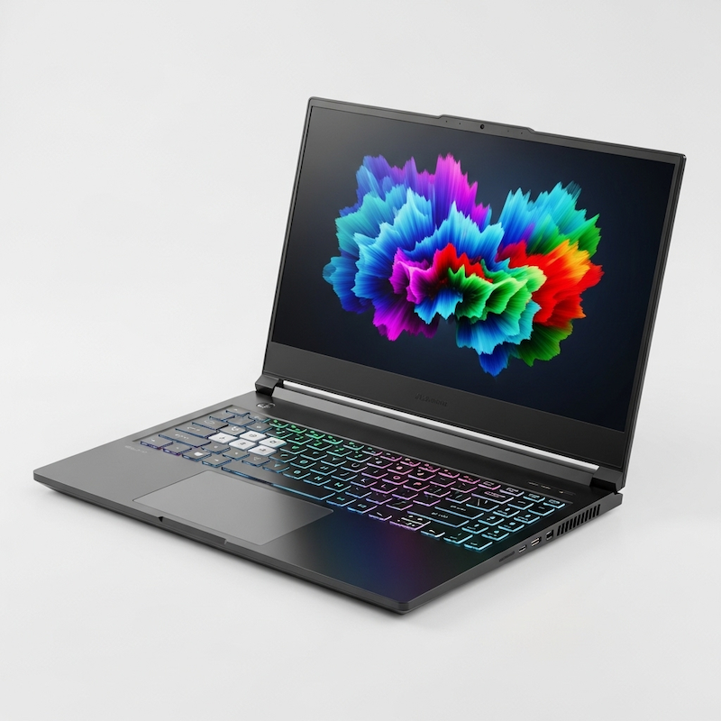 黑色筆電，鍵盤有多色背光，螢幕顯示彩色測試圖片，背景為白色。