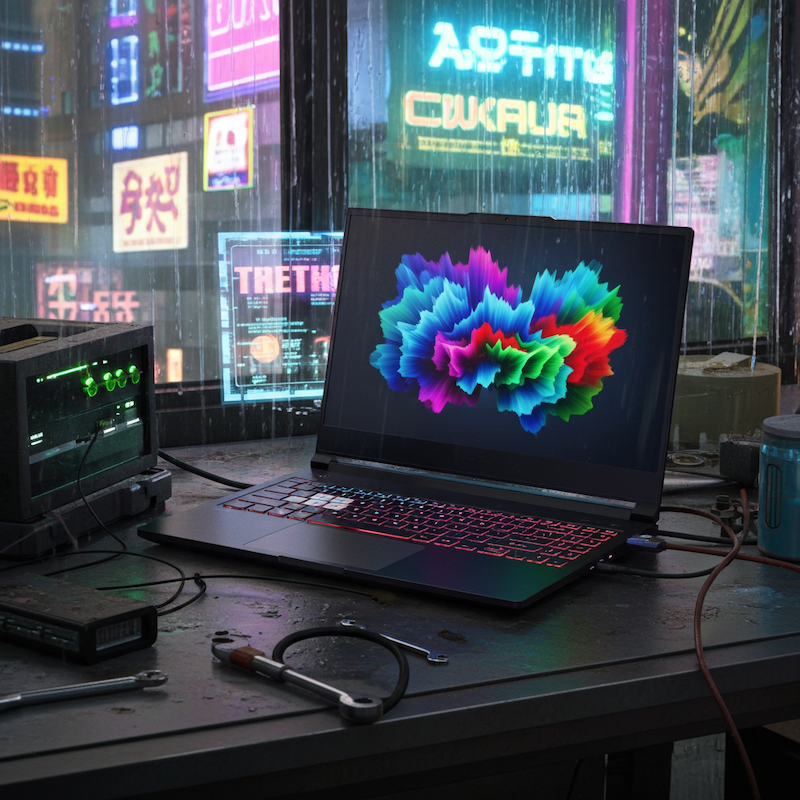 黑色筆電，鍵盤上有多色背光，螢幕上顯示彩色測試圖片，現在放在工作台上。工作台後方有一扇窗戶，窗外顯示多色廣告。