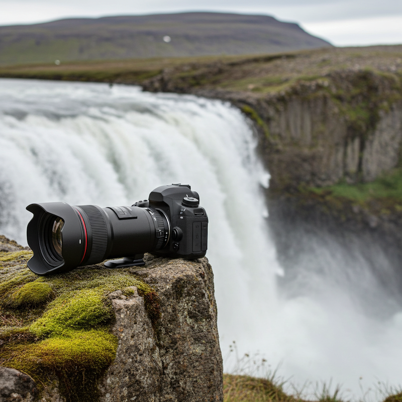 數位單眼相機 (附有大型鏡頭)，放置在白色背景上。相機現在放在懸崖邊，背景是寬闊的瀑布。