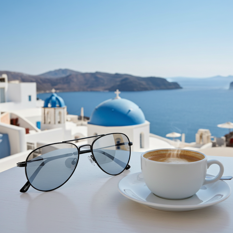 太陽眼鏡現在放在桌上，前景是放在茶托上的咖啡杯，背景是教堂頂部和水體，以及山丘的美景。