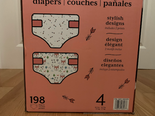 A picture of the side of a box of diapers; the number 198 is written on the box.