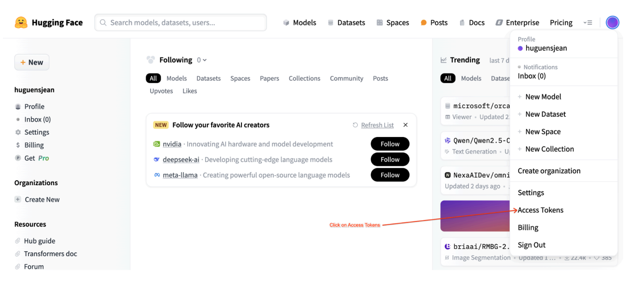 Configuración del token de acceso de Hugging Face