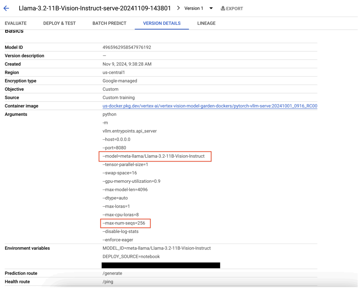 Riquadro dei dettagli della versione del modello