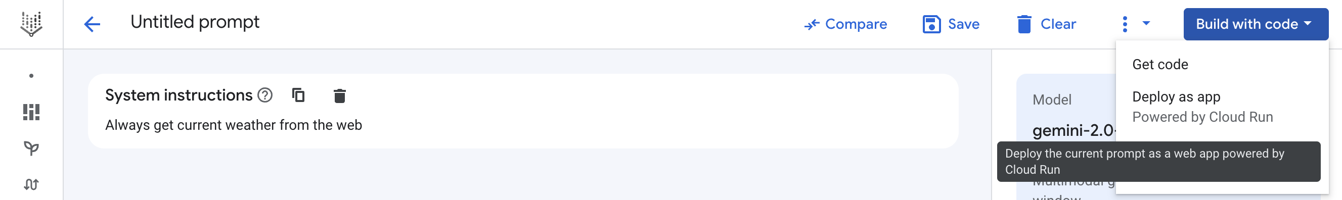 Cliquez sur le bouton "Compiler avec du code", puis sur "Déployer en tant qu'application".