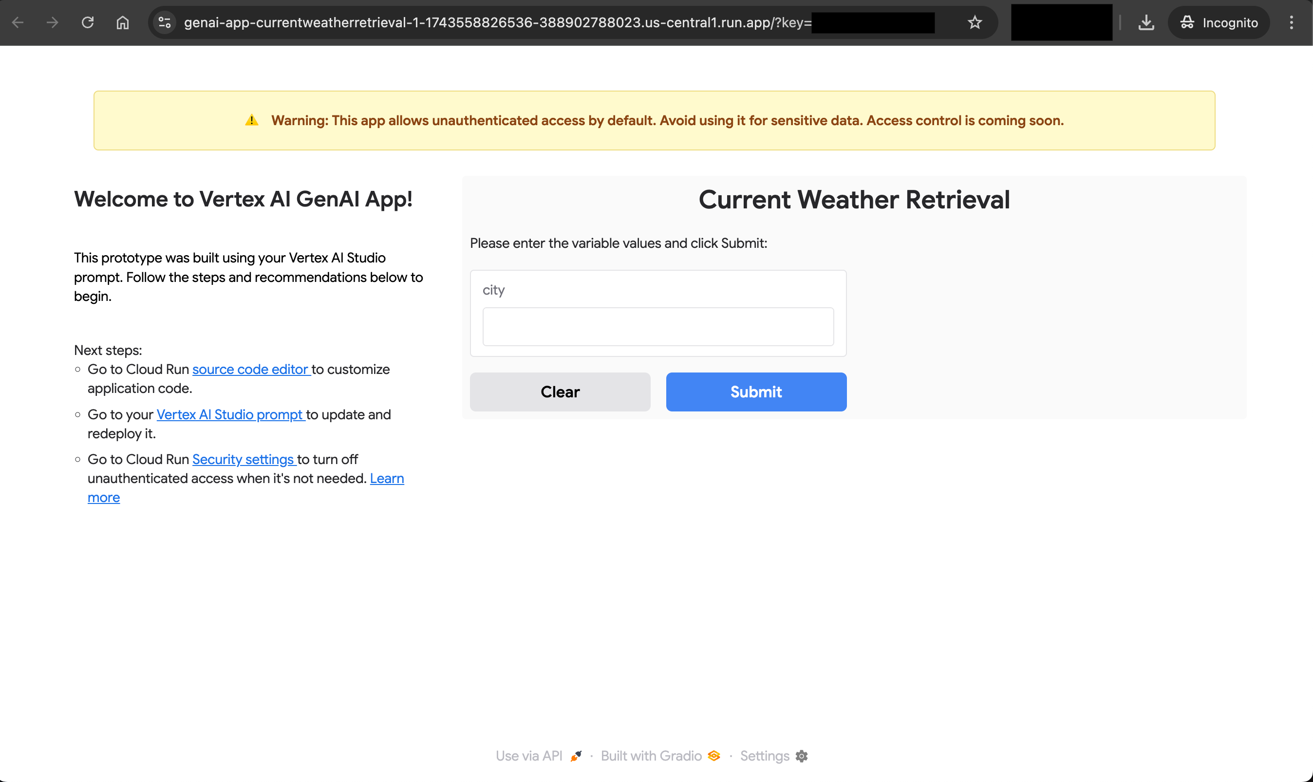 Abre la aplicación web desde el diálogo de administración de la app. La clave secreta se adjunta a la URL.