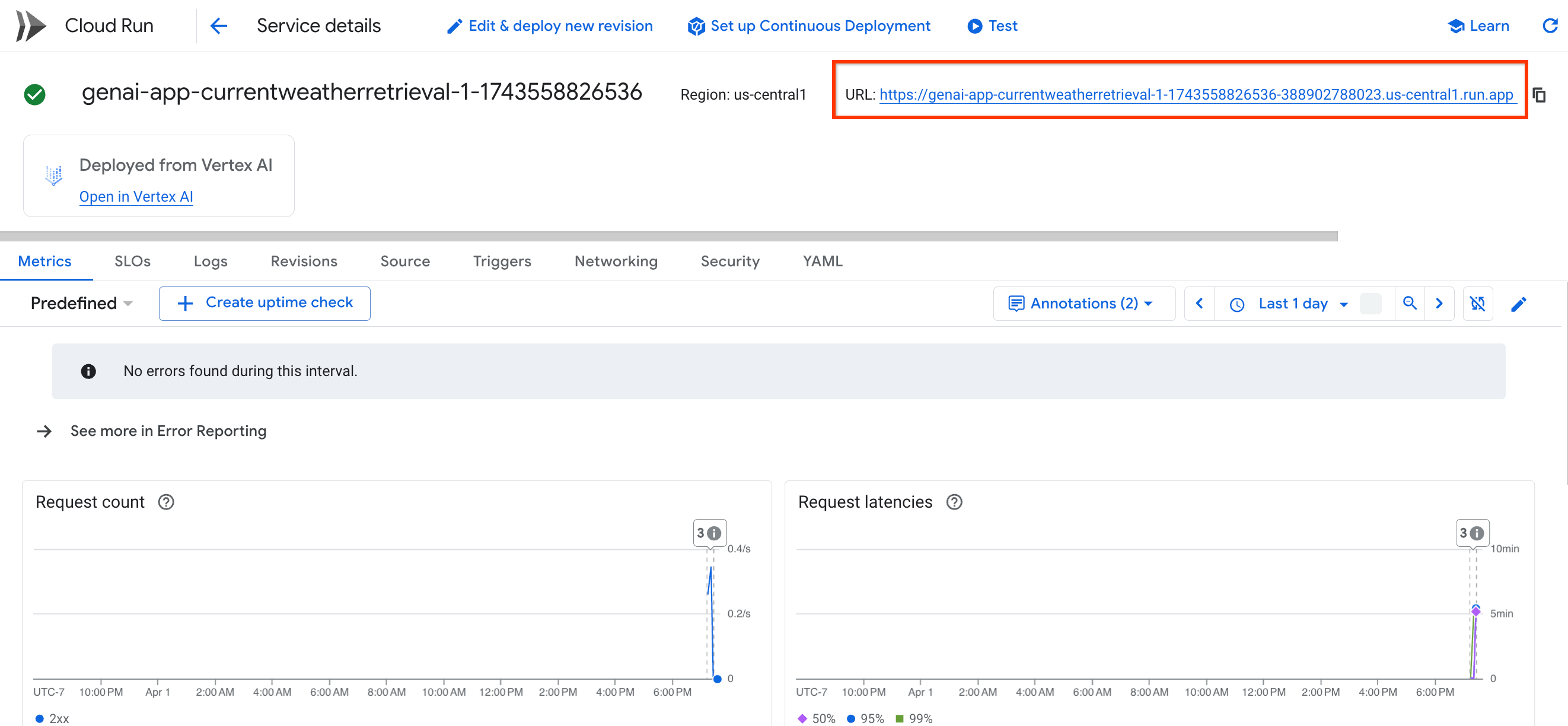 O link da app na página do Cloud Run não tem a chave anexada