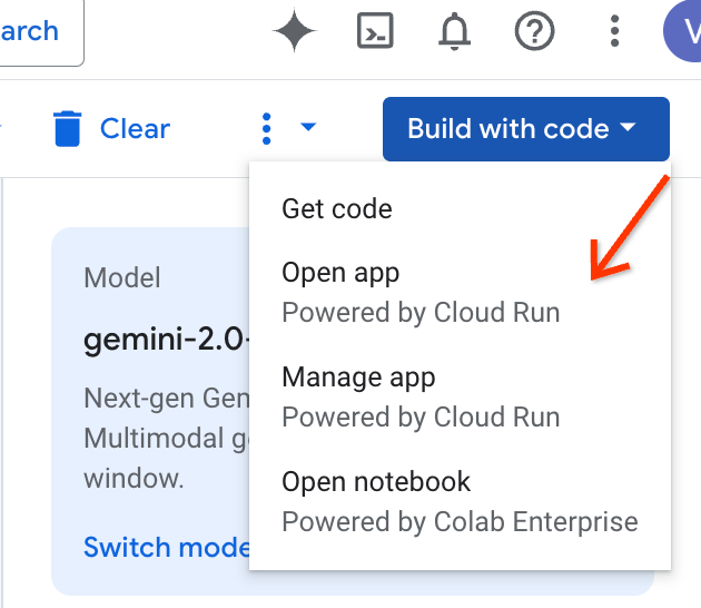 App über das Menü der Schaltfläche „Mit Code erstellen“ öffnen