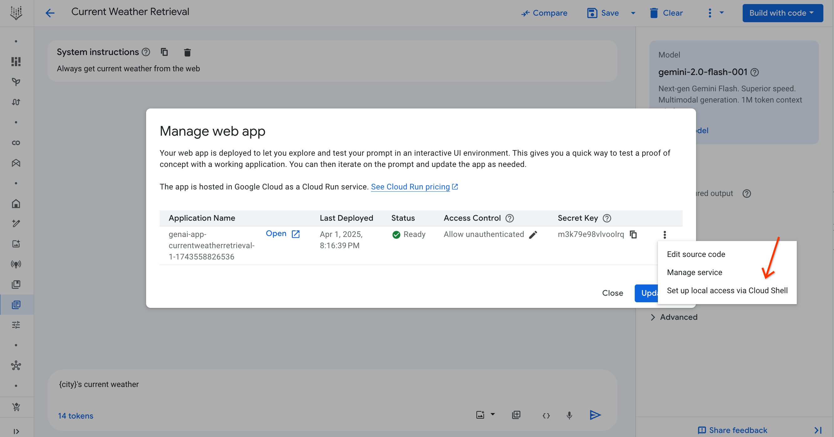 Obtenir la commande de configuration de l'accès local à partir de la boîte de dialogue "Gérer l'application Web"