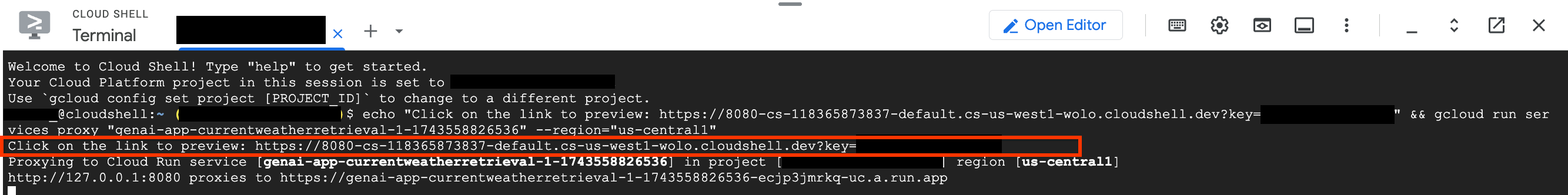 Link für lokalen Zugriff in Cloud Shell