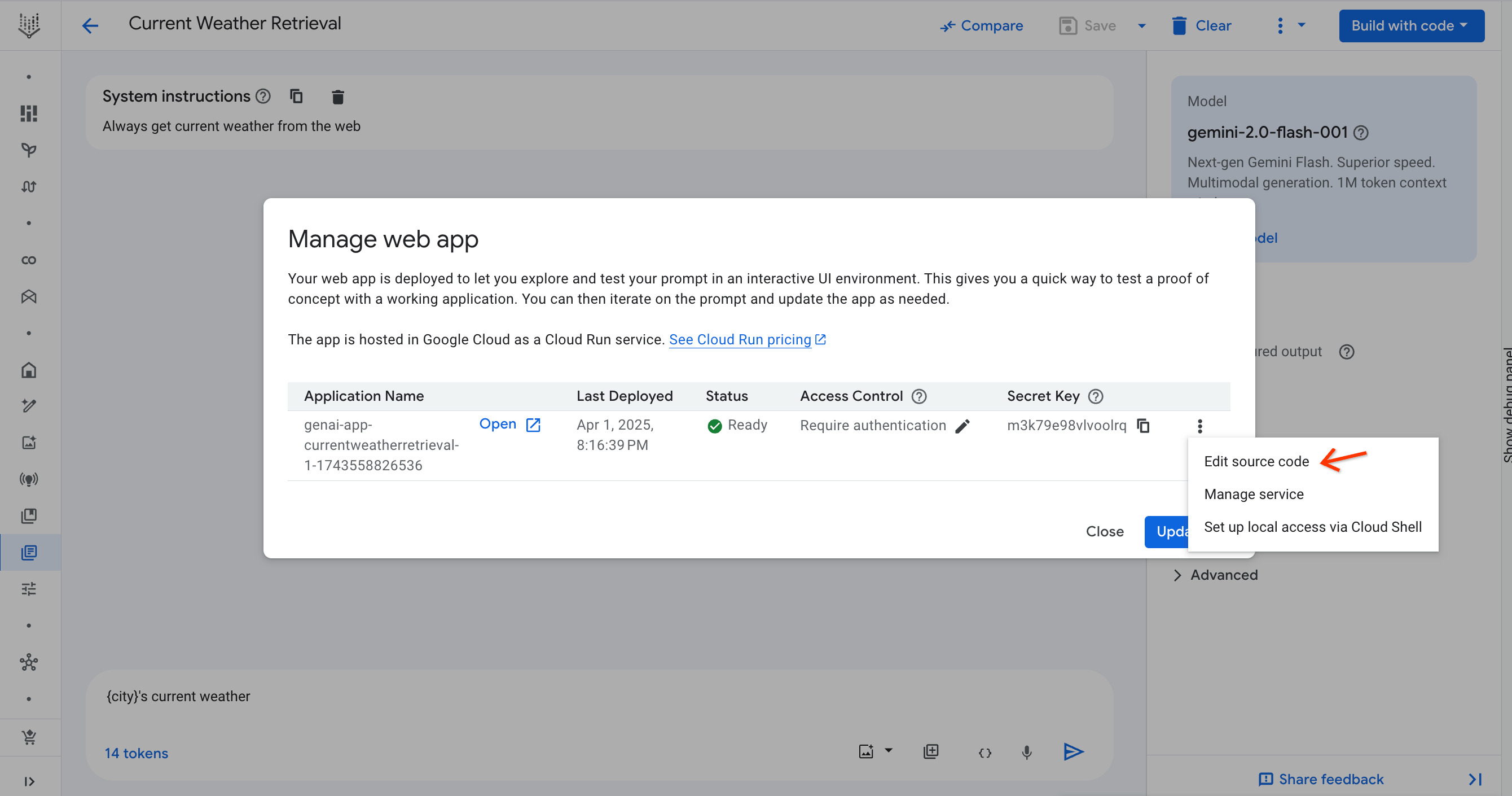abrir o editor de código-fonte na caixa de diálogo &quot;Gerenciar app da Web&quot;