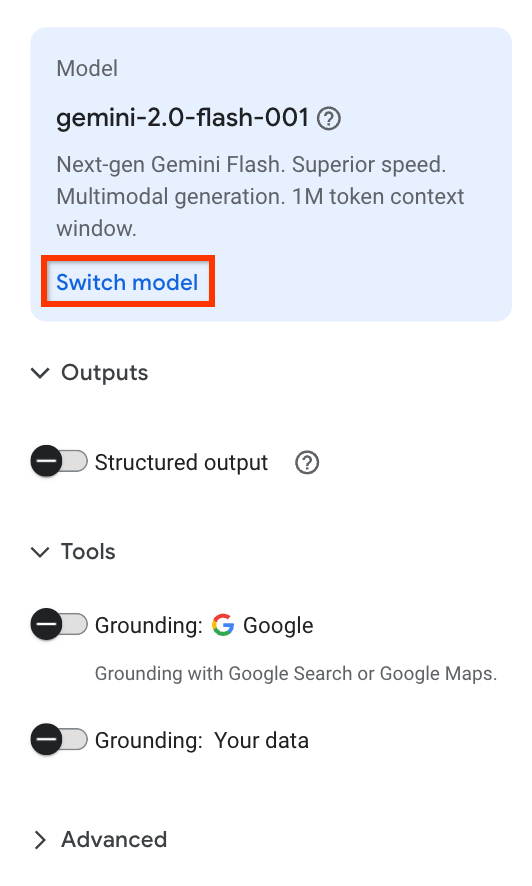 The Gemini model in the settings panel