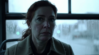 Una mujer que viaja en un autobús y se siente triste.