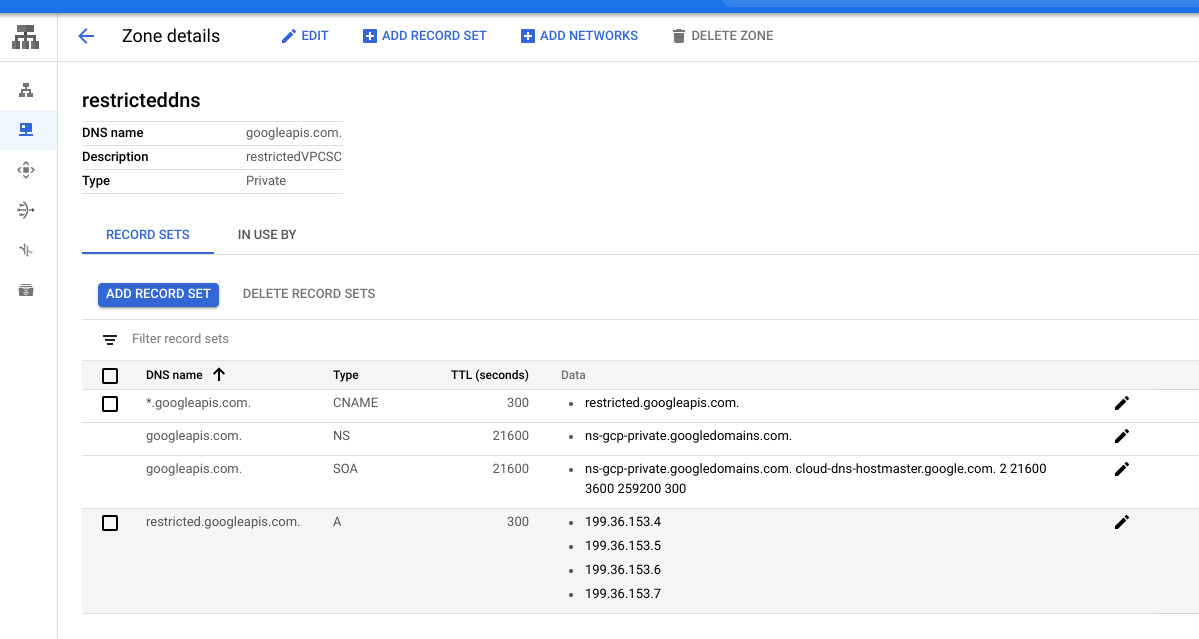 在“可用区详情”中,DNS 名称 *.googleapis.com 在“数据”字段中具有 restricted.googleapis.com