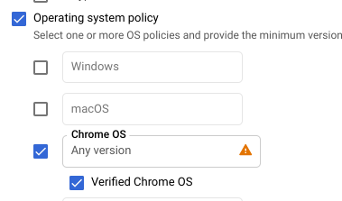 A política do sistema operacional com a opção Chrome OS Verificado ativada.