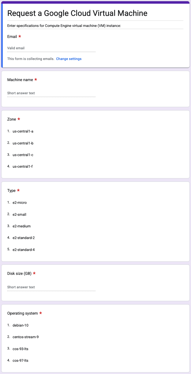 Exemplo de formulário para pedir a criação de uma máquina virtual do Google Cloud