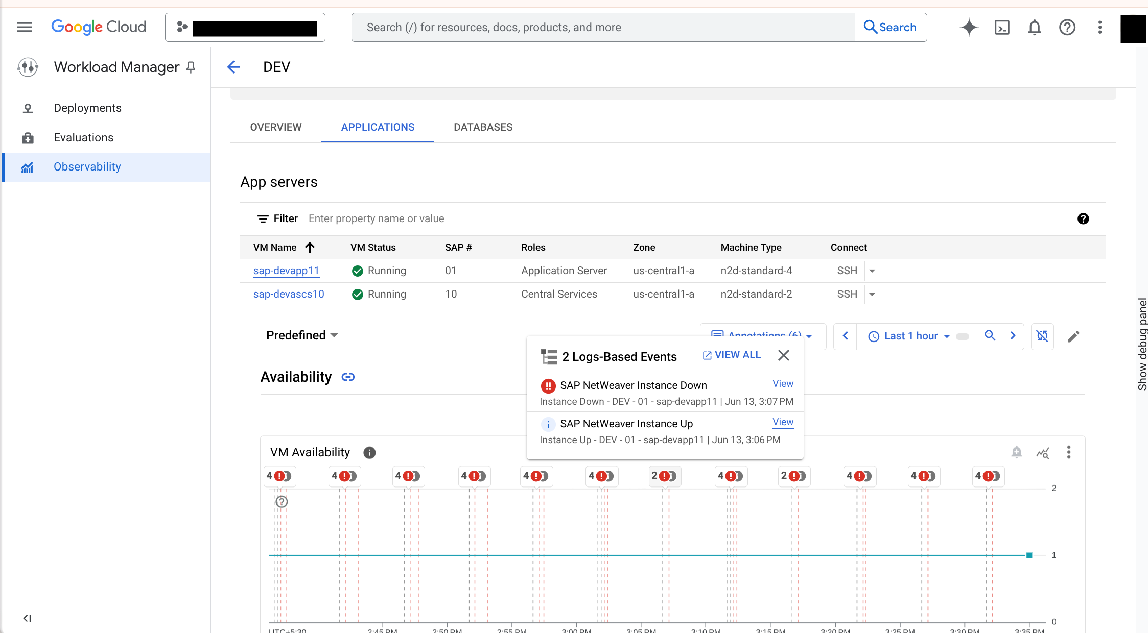 Workload Manager observability dashboard showing SAP events with annotations