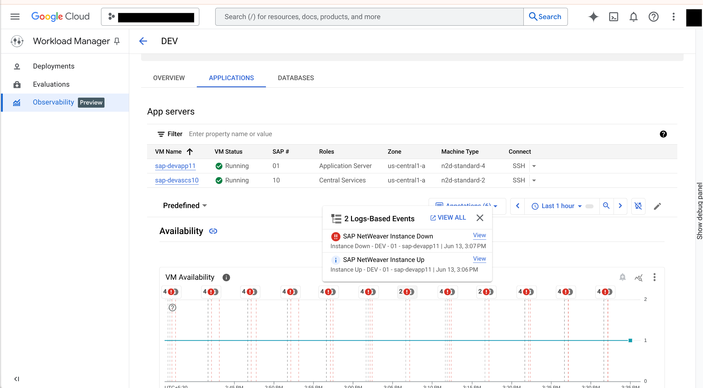 Workload Manager observability dashboard showing SAP events with annotations