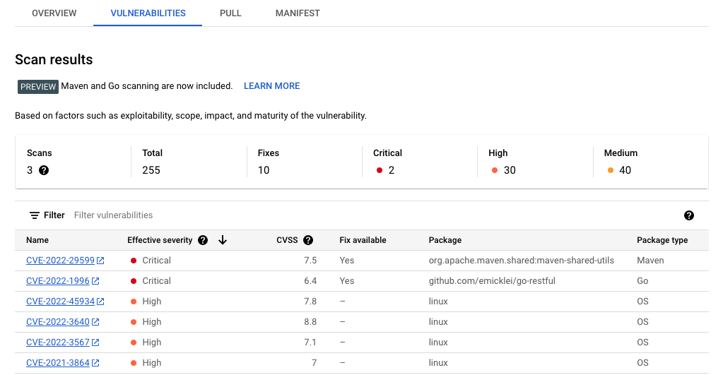 显示漏洞示例列表的 Artifact Registry“漏洞”页面