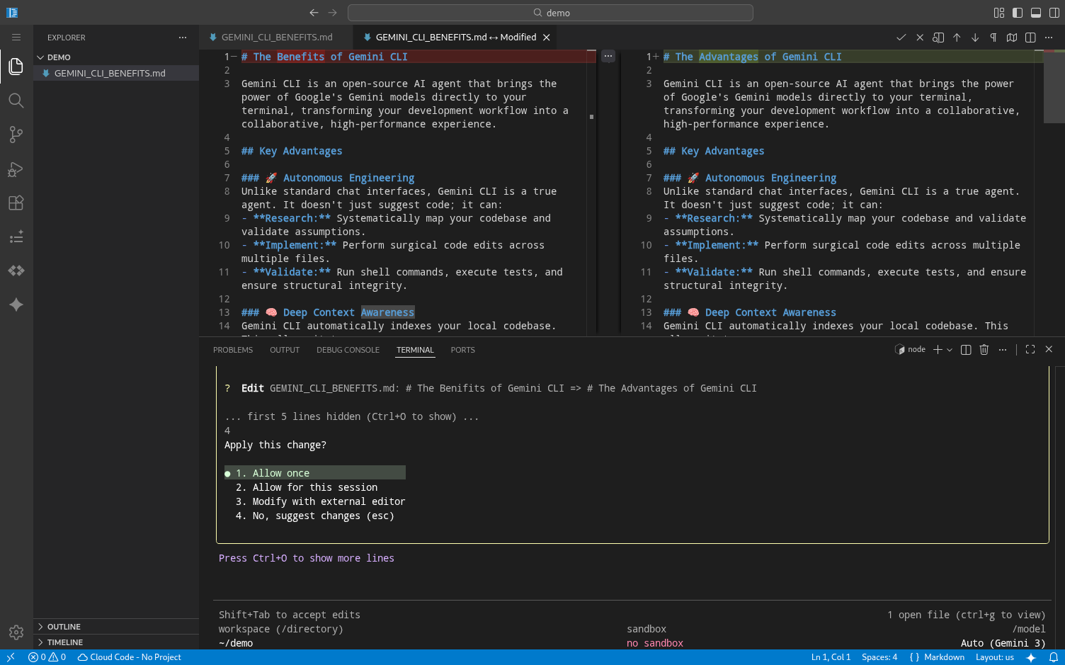 Comparación de Gemini CLI Companion en Code OSS para Cloud Workstations.