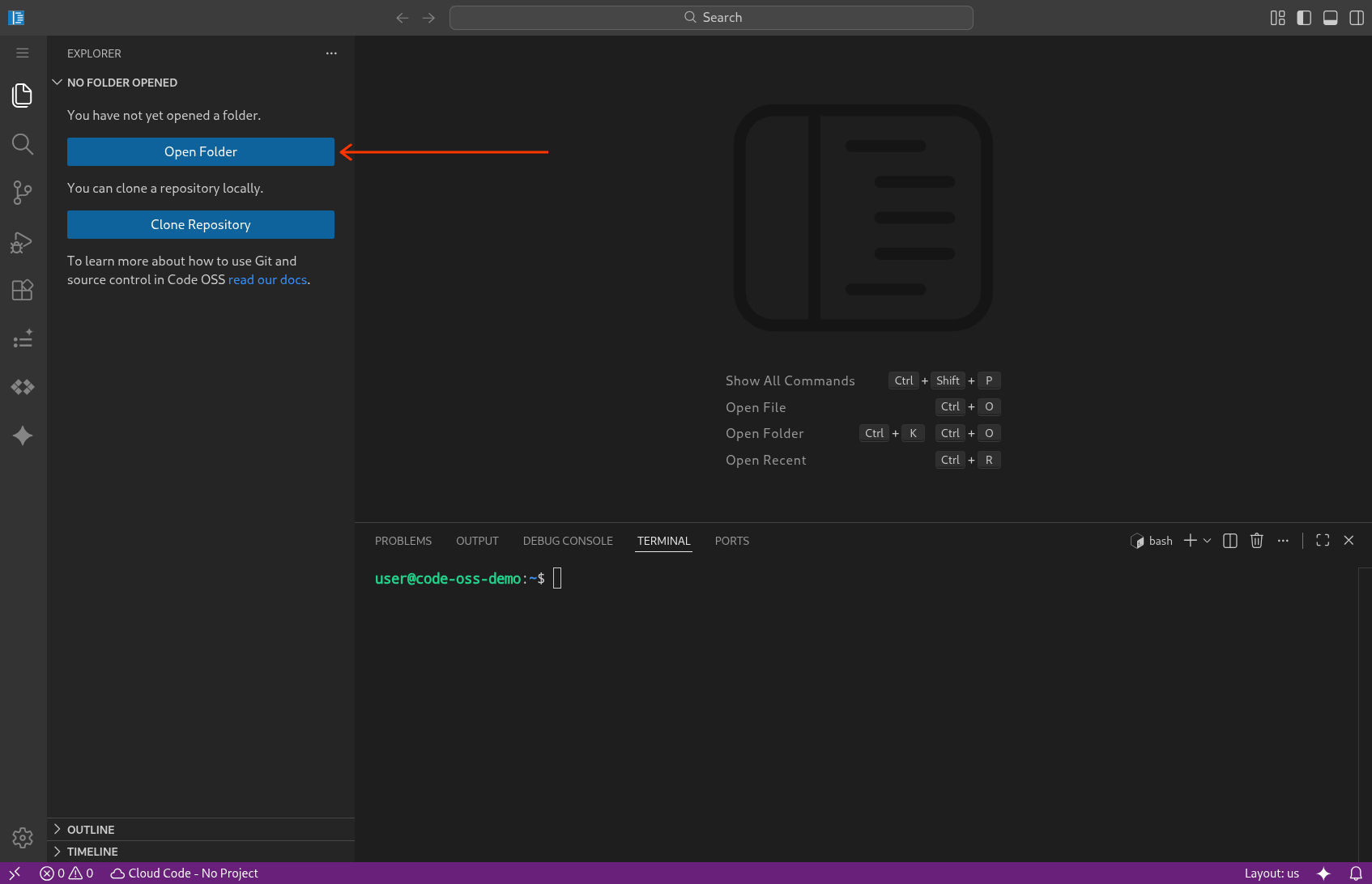 Cloud Workstations용 Code OSS에서 폴더 또는 작업공간을 엽니다.